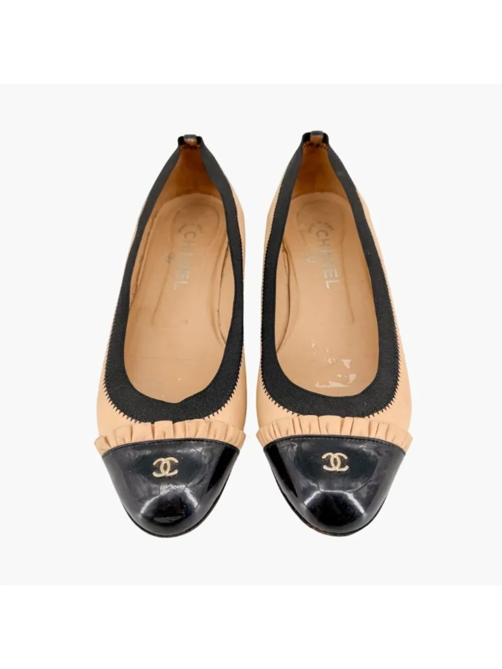 Chanel CC Cap Toe Ballet Flats Beige Black Leather Ruffle Size 39.5 US 8.5-9